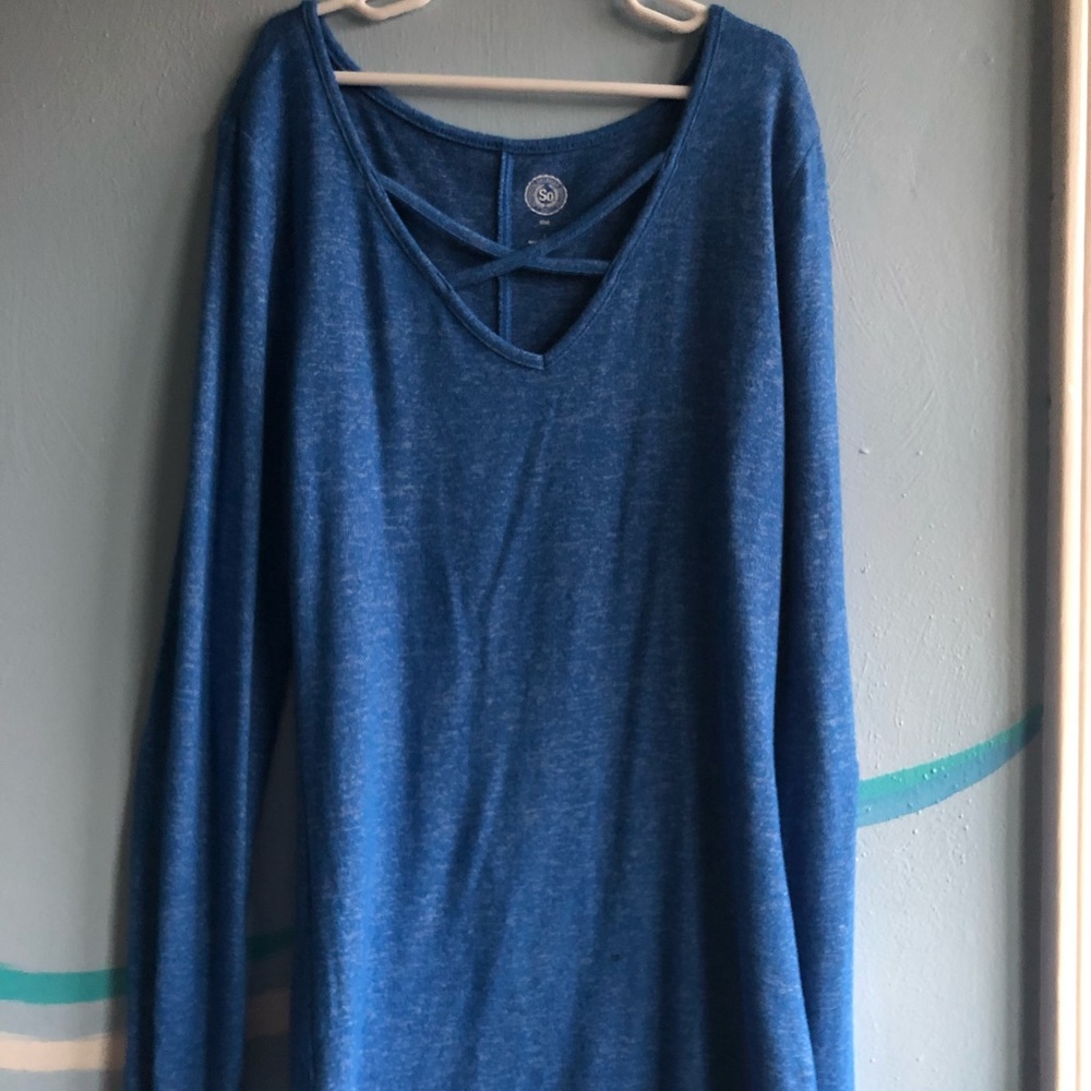 long flowy dark blue cris-cross top